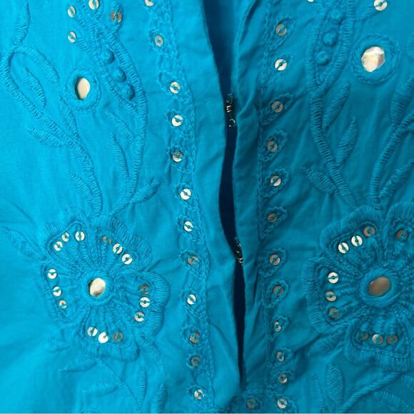 Calypso St. Barth Aqua Blue 3/4 Sleeve Embroidered Cotton Tunic Women's size M - Picture 3 of 8